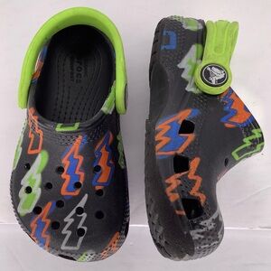 CROCS Black Neon Green Orange Lightning Bolts Water Kids Shoes Sz C7